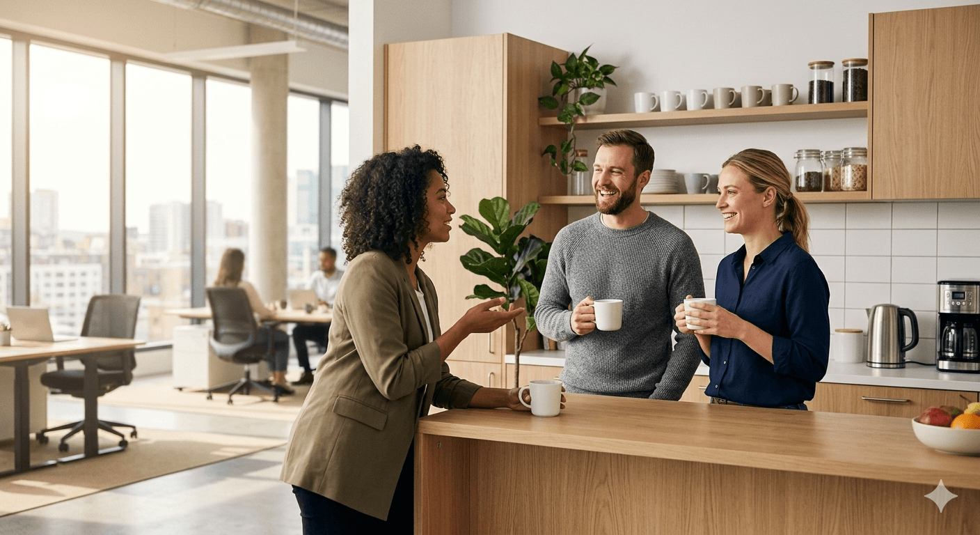 Colegi socializând la cafea într-un birou modern
