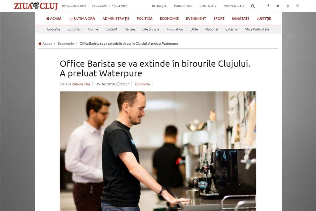 Office Barista se va extinde în birourile Clujului. A preluat Waterpure